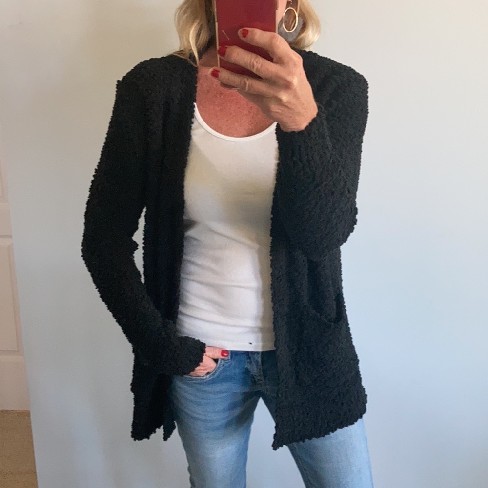 Black Color Popcorn Texture Open Cardigan - Picture 2 of 10